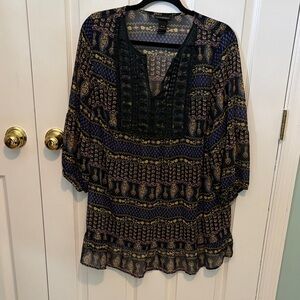 Lane Bryant Navy, Black and Gold Paisley Tunic with Trimmed Bib